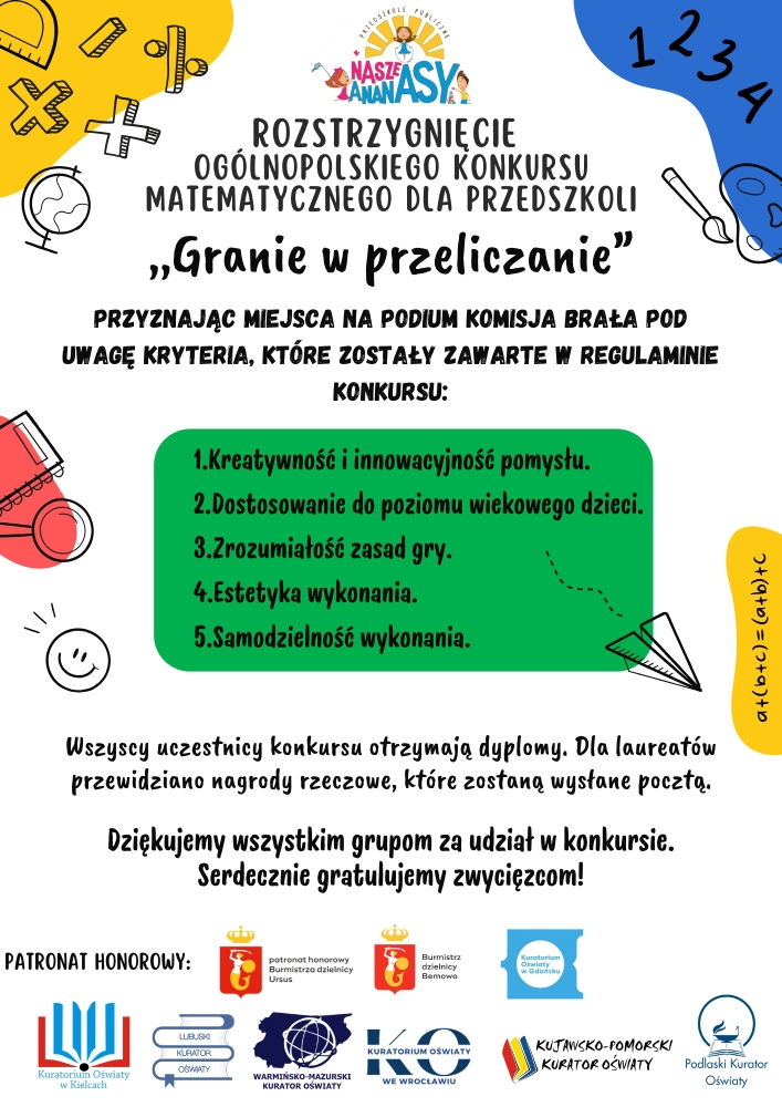 informacja 1 o rozstrzygnięciu konkursu matematycznego granie w przeliczanie